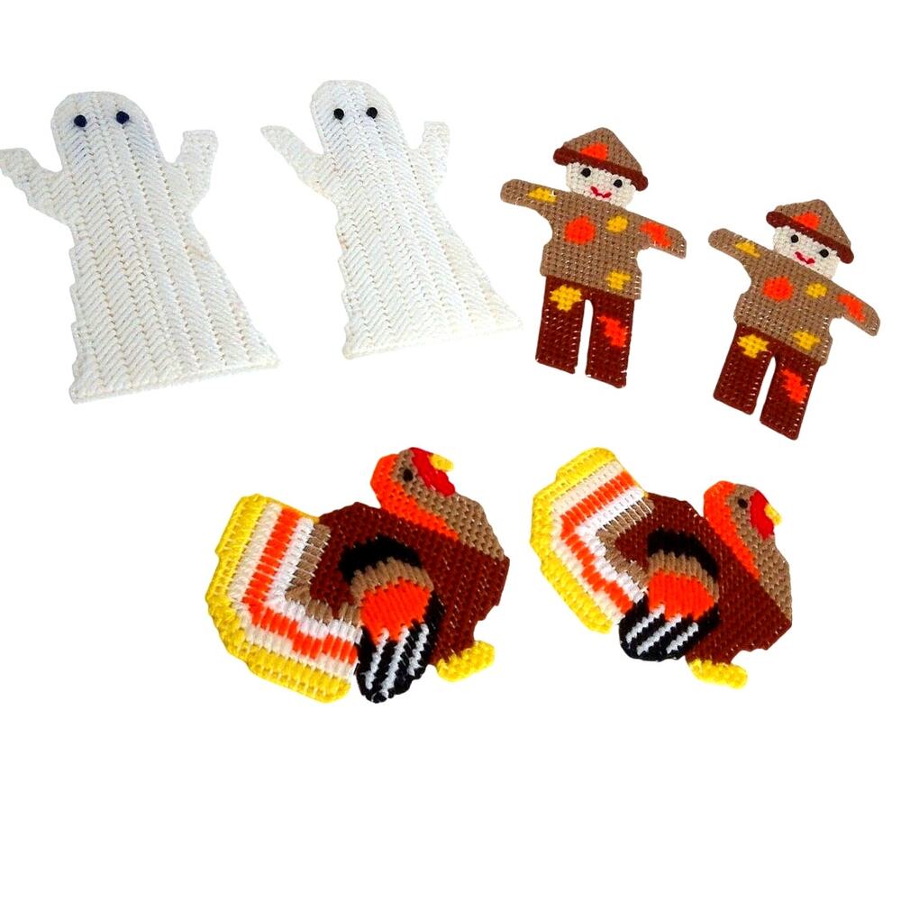 Vtg Needlepoint Halloween Thanksgiving Table Decor Ghost Scarecrow Turkey Set 6